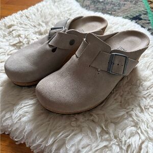 Papillio Taupe Suede Buckle Clogs
